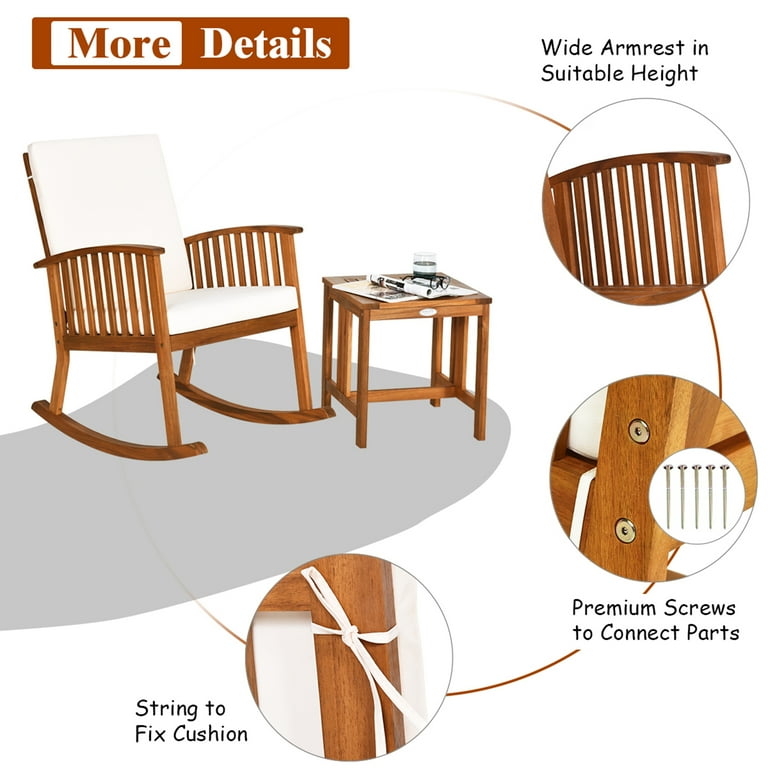 Costway 2 Pack Wooden Patio Rockers with White Cushion and Coffee Table Natural Acacia Teak Wood Outdoor Furniture Walmart