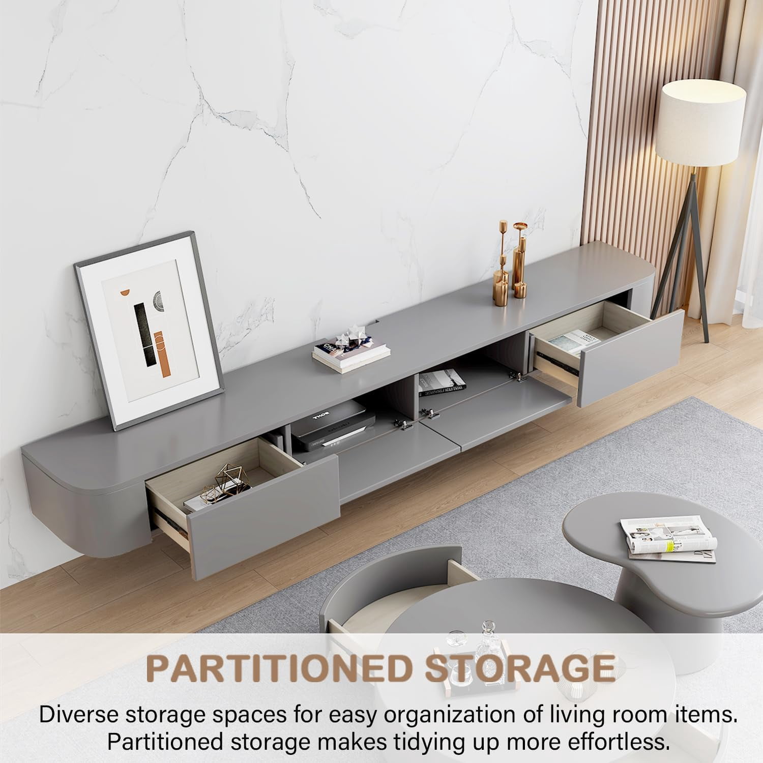 Modern Floating TV Unit with LED Lighting | Wall-Mounted Entertainment Media Console | Large Storage TV Bench for Living Room & Office (Gray, 110.2'')