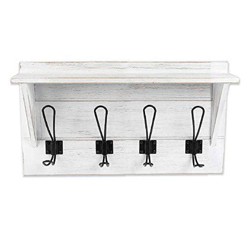 Wall Mounted Coat Rack With Shelf 16 Inch Rustic Wooden 4 Hook Hanger Rail White Distressed Wood Black Metal Hooks Com Wall Mounted Coat Rack With Shelf 16, Coat Rack Wall Hooks Metal