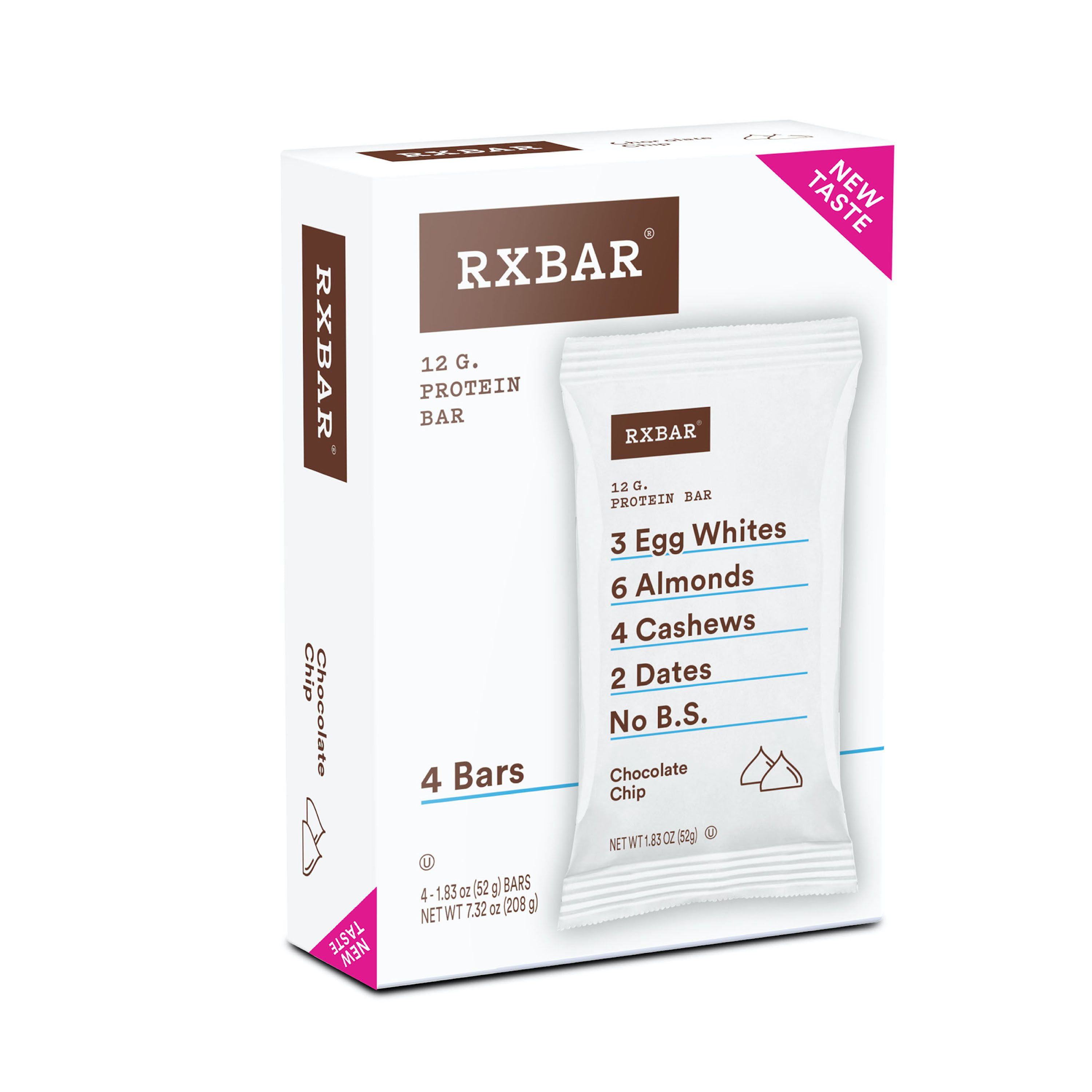 RXBAR Protein Bar, Chocolate Chip, 4 Ct, 7.32 Oz, Box