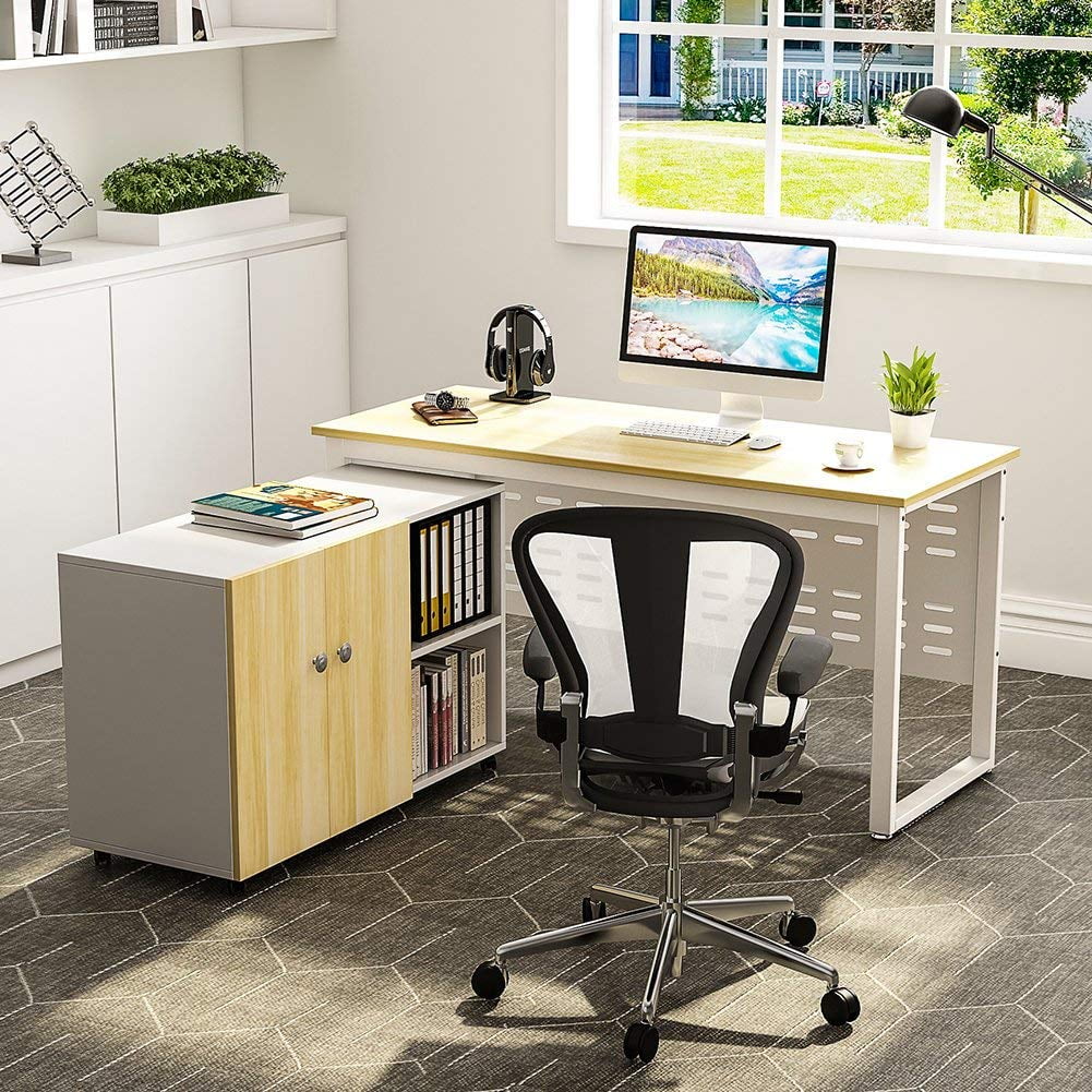 Computer Desk And File Cabinet Tribesigns 55 Large Office Study Writing Workstation With 39 Mobile Printer Stand White Black