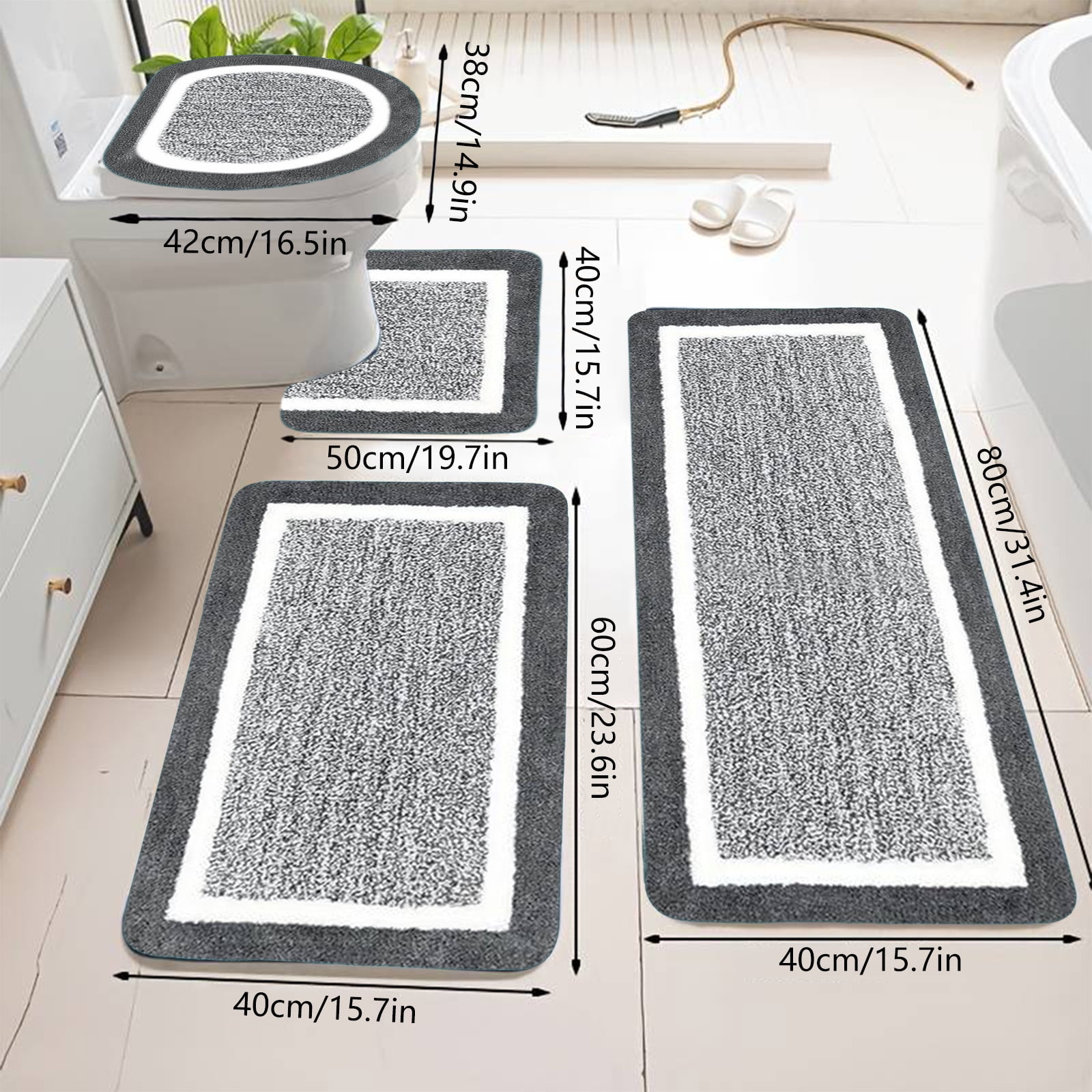 Tuvgenk 4 Piece Bathroom Rugs Set Absorbent Non Slip Toilet Rugs Gray Large Bathroom U Shaped Floor Mats for Shower
