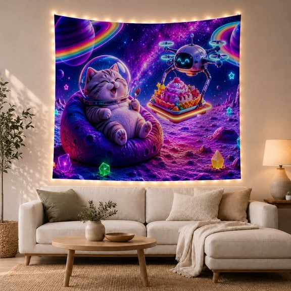 Space Cat with Drone on Lunar Landscape, Whimsical Celestial for Kids, Fantasy Planet Wall Art, Birthday Gift, Tapestry Wall Hanging for Bedroom and Living Room