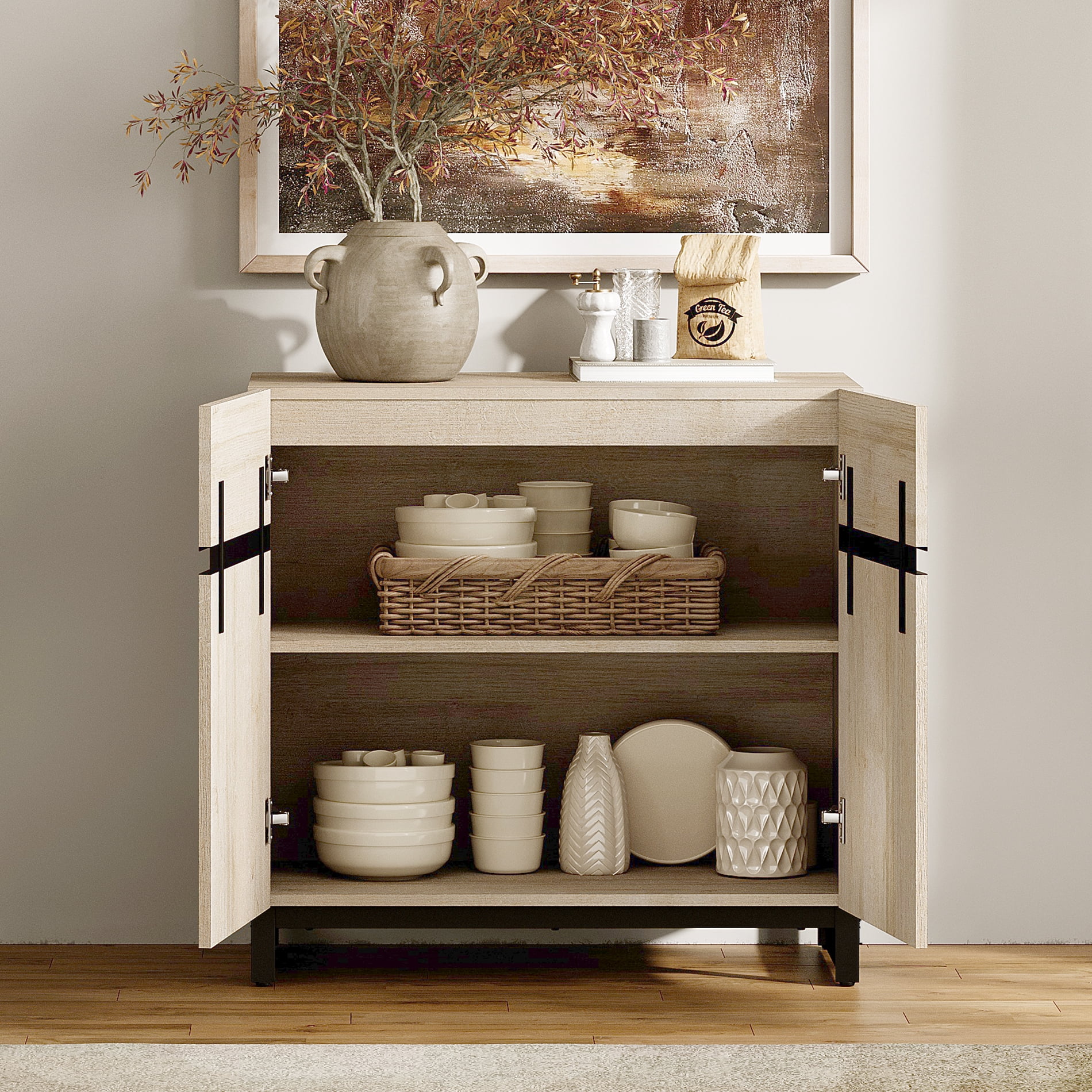 WAMPAT 31.5" Wide Multifunctional Sideboard Buffet with Adjustable Shelf & Metal Base, Modern Wood Grain Storage Cabinet for Dining Room, Living Room.