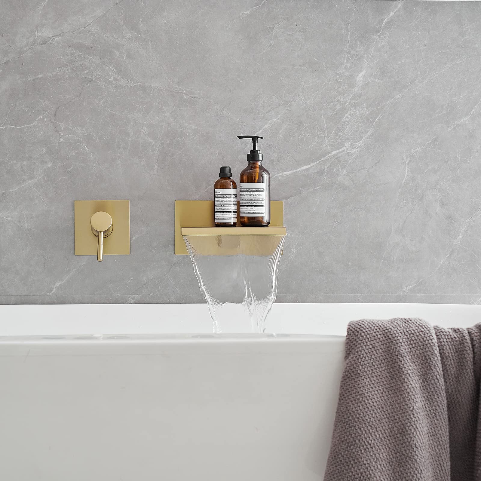 Wall Mount Bathtub Faucet Brushed Gold Single Handle Modern