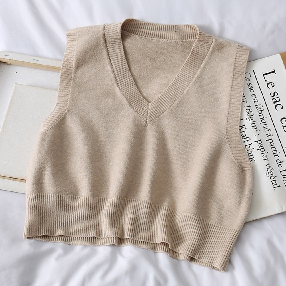 Casual Women Sweaters V-neck Sleeveless Solid Color Vest Sweaters Loose ...
