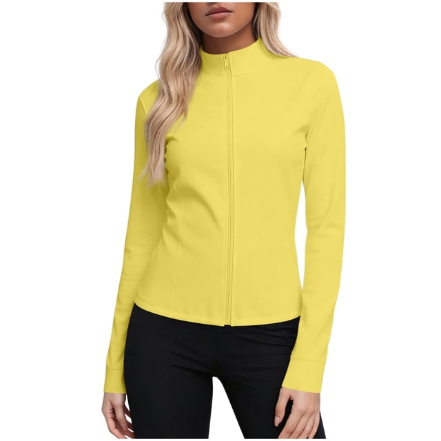 Craaazy Women's Solid Color Zipper Stand Collar Sun Protection Long Sleeve Sports Workout Tops Gifts