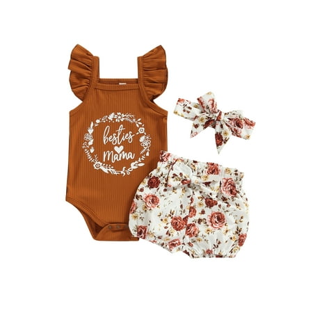 

Suanret 3Pcs Infant Baby Girls Romper Outfit Letter Fly Sleeve Suspender Jumpsuit + Floral Bow Shorts + Headwear Set Ginger Yellow 18-24 Months