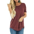thumbnail image 4 of Women T-shirt Solid Color Stitching Top Asymmetrical Hem Blouse, Solid Color Stitching Top Purple Red, XL, 4 of 7