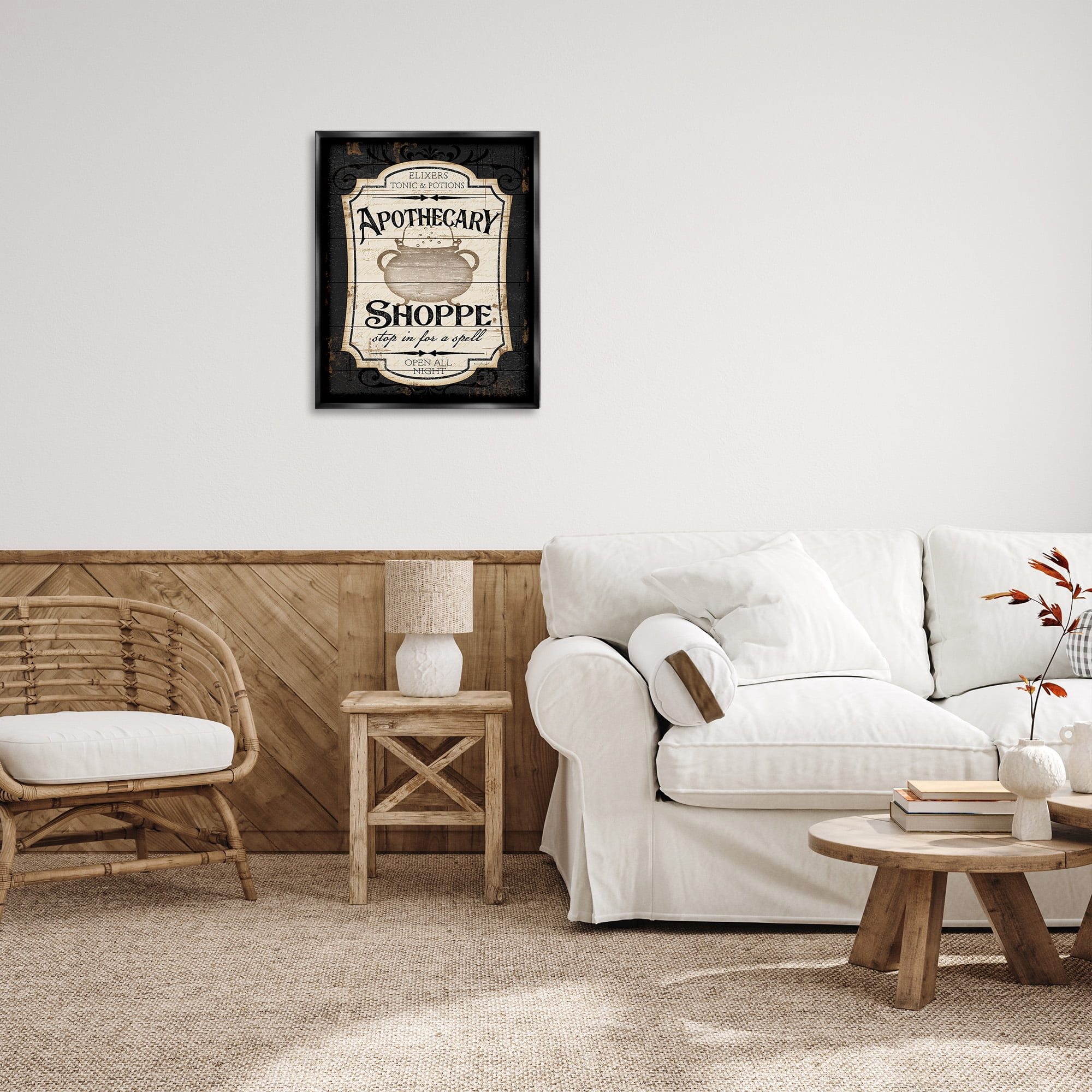 Stupell Industries Apothecary Shoppe Spooky Sign Holiday Painting Black Floater Framed Canvas Art Print Wall Art, 25 x 31