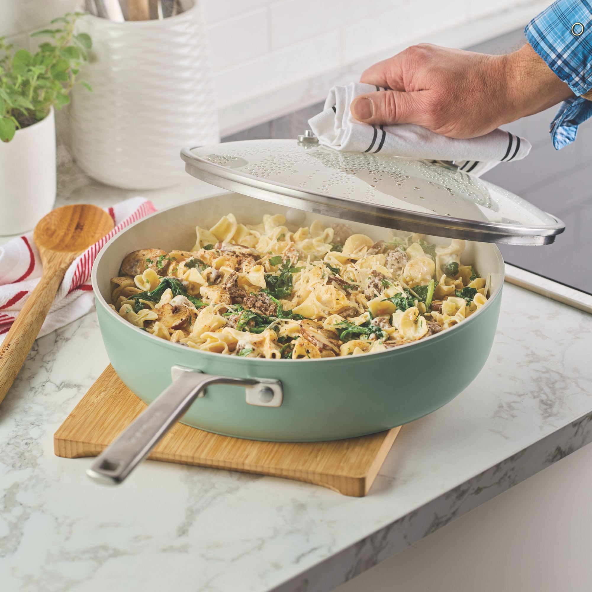 KitchenAid Hard-Anodized Ceramic Induction Saute Pan with Lid and Helper Handle, 5-Quart, Cardamom