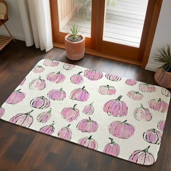 Front Door Mat Indoor Outdoor 19.7"x31.5", Pink Pumpkins Fall Absorbent Non Slip Welcome Mat, Watercolor Thanksgiving Low Profile Entryway Rug for Front Entrance Porch Back Door Patio