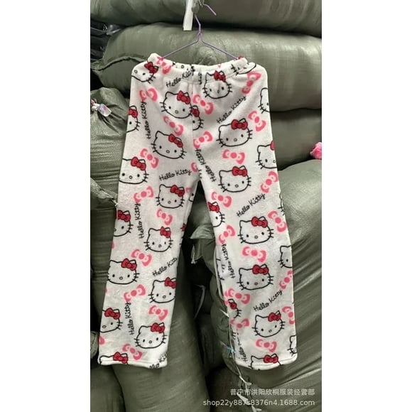 Sanrio Hello Pyjama en Flanelle Kitty Noir Femmes Chaude Laine Cartoon Pantalon de Maison Casual en Automne Hiver Mode Pantalon Halloween
