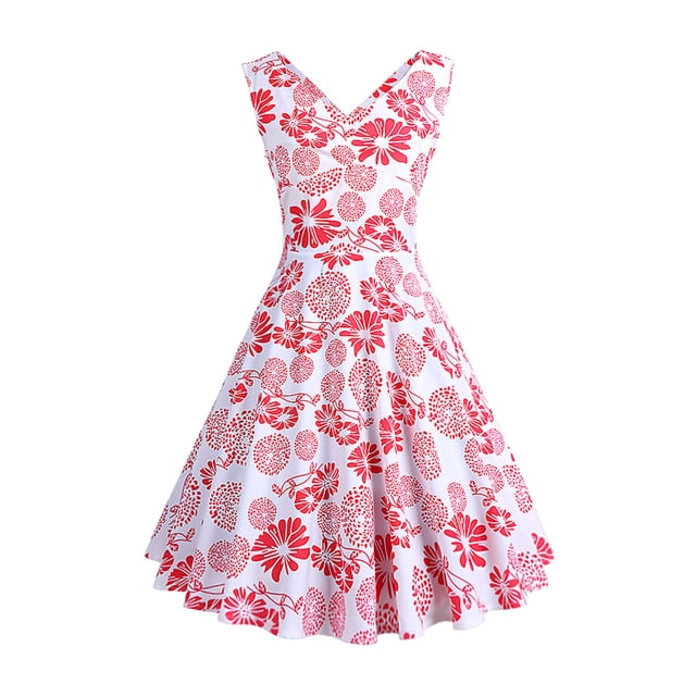 Leutsin Robe d'Été Sans Manches à Col en V à Imprimé Vintage Évasée pour Femme Grande Taille