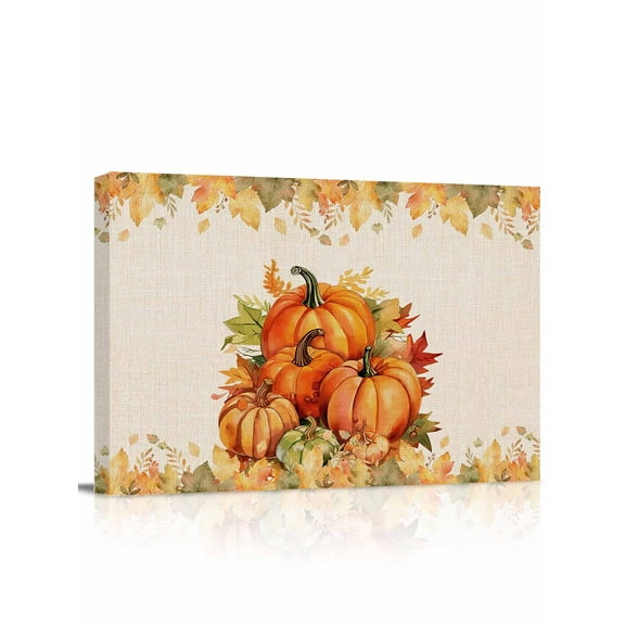 Fall Orange Pumpkins Canvas Print Wall Art Framed Canvas Art Wall Decor Maple Leaf Thanksgiving Botanical Rustic Pictures Painting Morden Artwork for Living Room Bedroom, Ready to Hang - 12"x16"