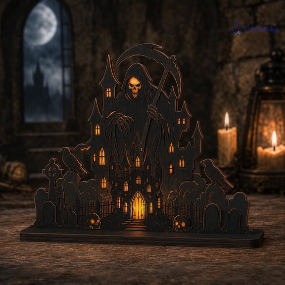 Halloween Wooden Block Decor Grim Reaper Castle Wood Tabletop Display for Gothic Halloween Decor