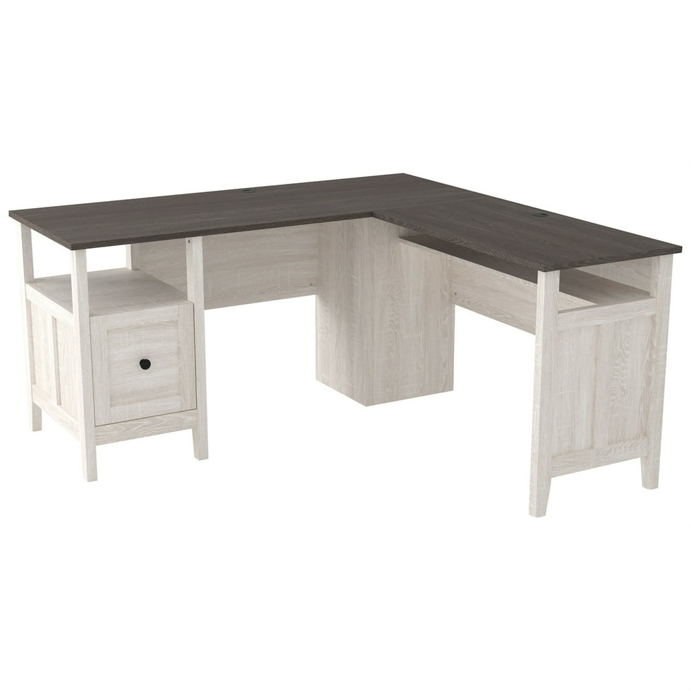L Shaped Writing Desk with File Drawer and Bottom Shelf, Gray and White