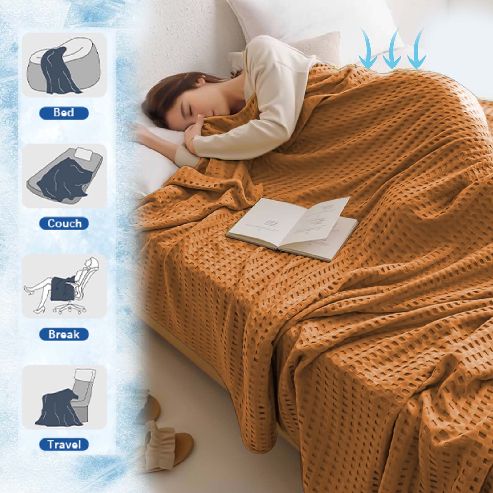 Loyerfyivos Cotton Blankets Queen Size for Bed - Waffle Weave Blankets for Summer, Lightweight and Breathable Soft Woven Blankets for Spring, White, 43.31x59.05in (Orange)