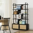 thumbnail image 4 of Memoryfield 5 Tier Rattan Bookshelf with Storage Cabinet & Door, 71.1" Tall Industrial Bookcase with Open Display Shelves, for Living Room, Bedroom, Black, 4 of 9