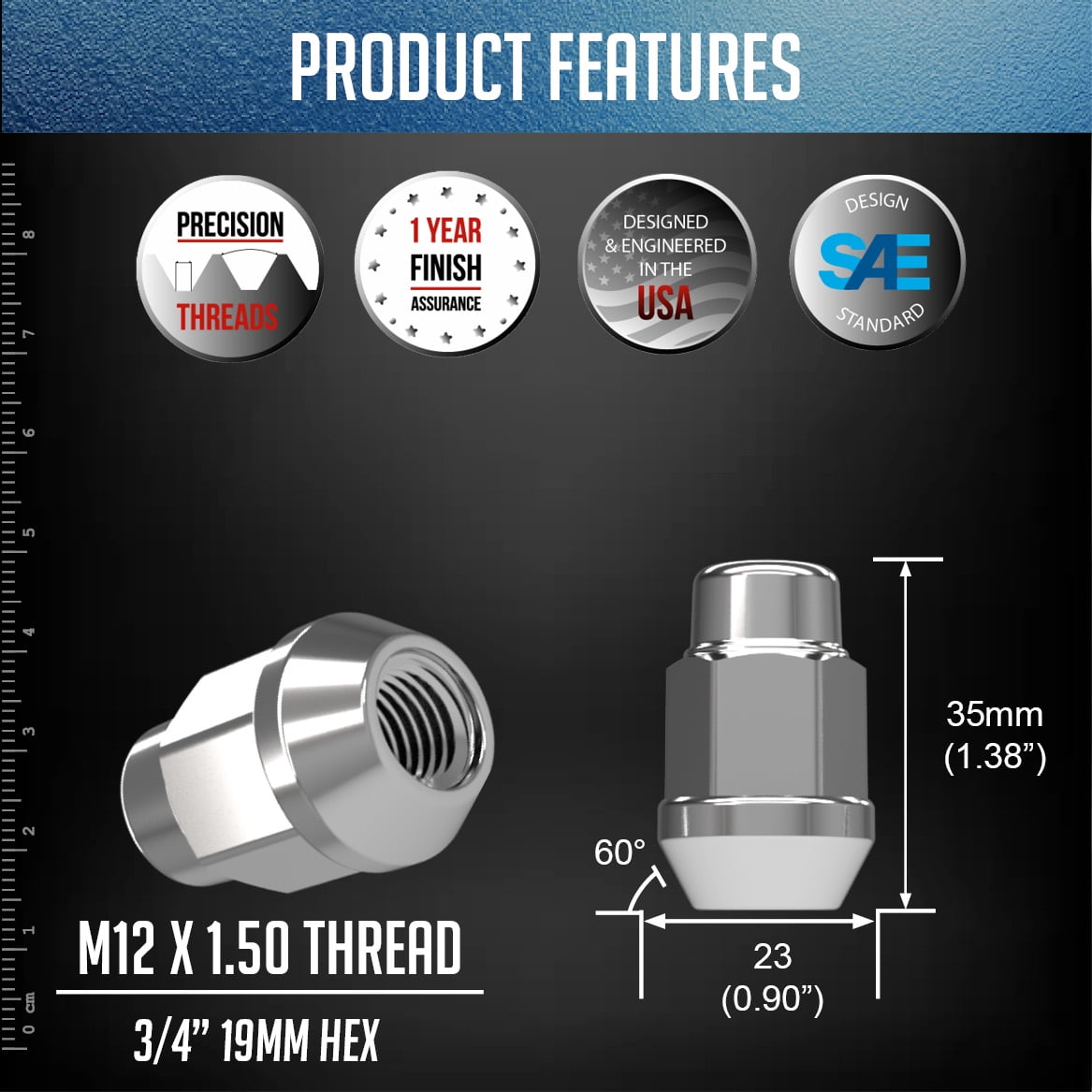 20 Pcs M12 1.50 12x1.5 Thread Bulge Acorn Lug Nut,  1.38" Long, Chrome, 3/4" 19mm Hex, Fits Many Chevy Honda Toyota Passenger Vehicles