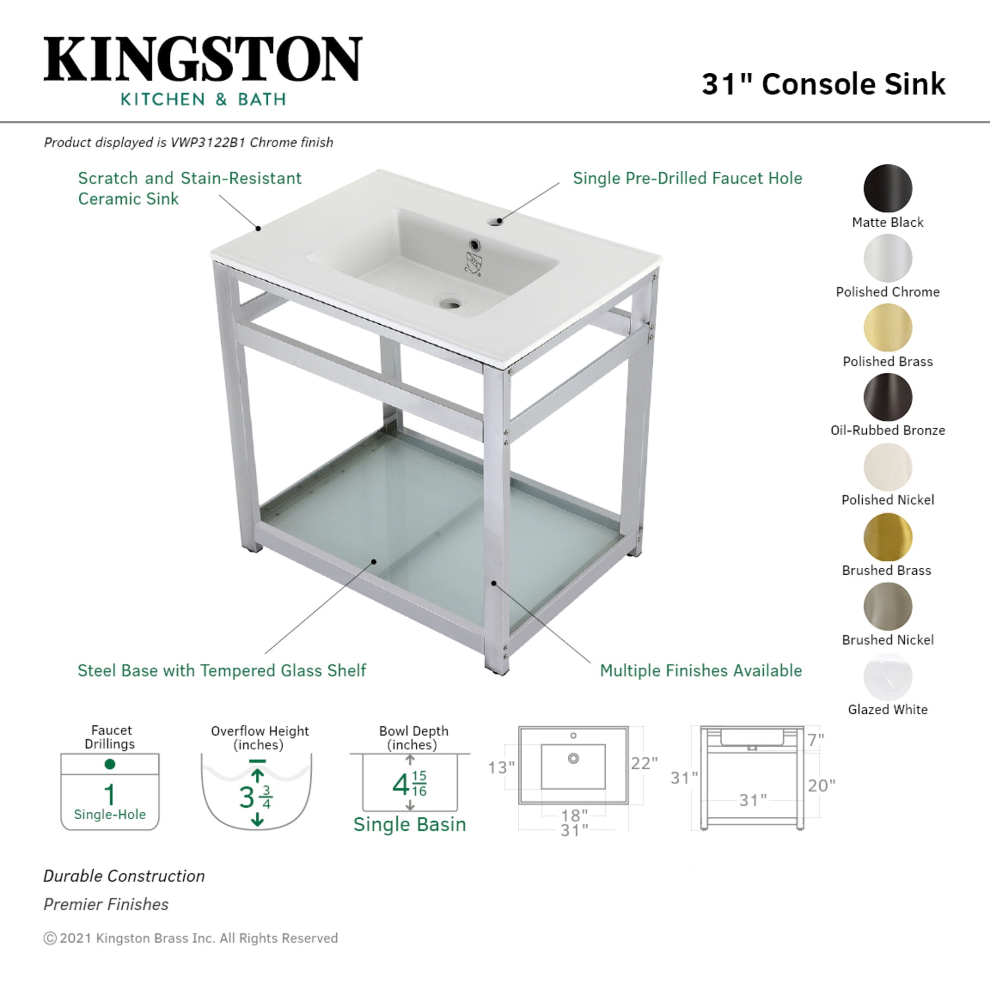 Kingston Brass VWP3122B7 Quadras 31" Ceramic Console Sink with Steel Base and Glass Shelf (1-Hole), White/Brushed Brass