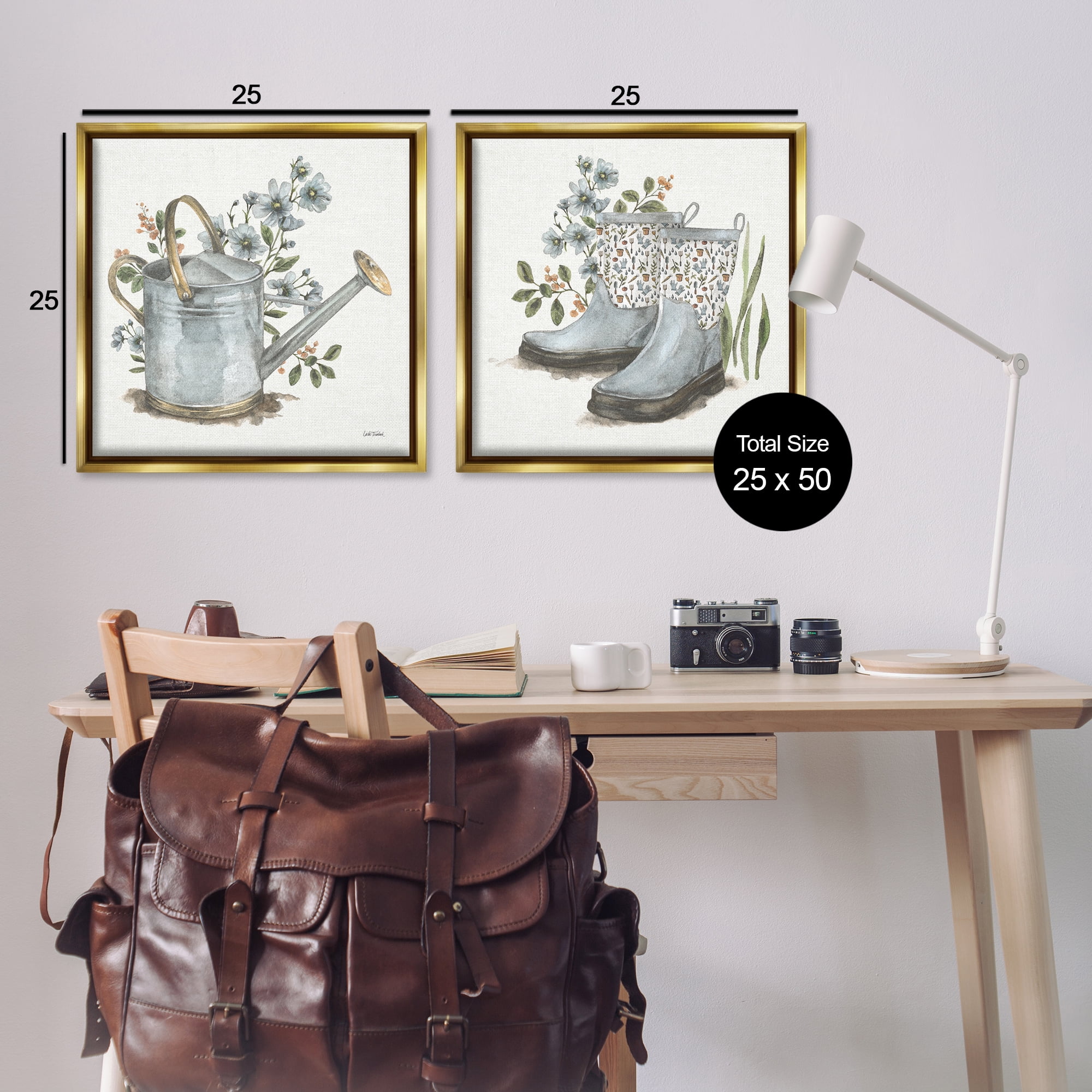 Stupell Industries Floral Watering Can Gardening Boots Plants & Flowers Painting Gold Floater Framed Canvas Art Print Wall Art, 25 x 25, Set of 2