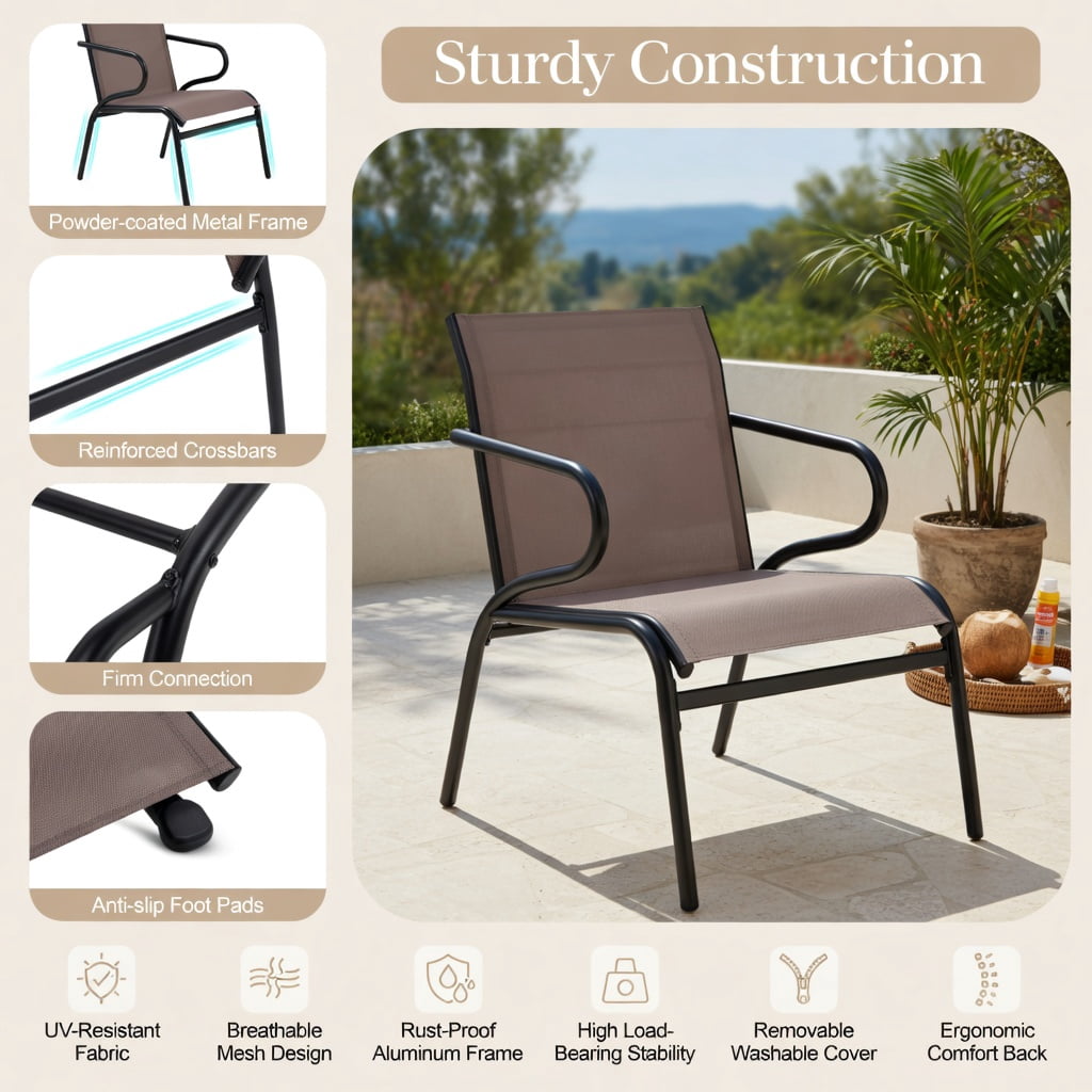 Hommoo Modern Outdoor Patio Chairs Set of 2, Breathable Fabric, Heavy-Duty Metal Frame, Ergonomic Design for Porch, Deck, Poolside & Garden, Black & Brown