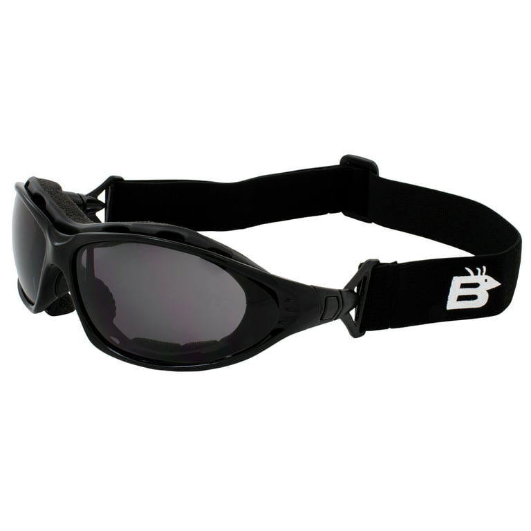 Birdz Eyewear Thrasher Padded Motorcycle Glasses for Men & Women Convertible to Goggles Black Frame w/ Shatterproof & Anti Fog Smoke Lenses, Women's