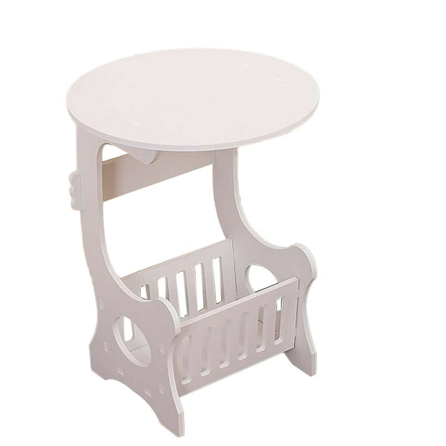 White Wood Mini End Table with Storage Basket and Magazine Rack for Living Room Daily Use Round Small Size