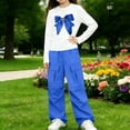 thumbnail image 2 of Girls 2 Piece Casual Outfit Set, Bow Print Long Sleeve Top and Cargo Flare Pants, Comfortable Summer Clothes for Children Daily | Akmoler,Dark Blue 14-15 Years, 2 of 8