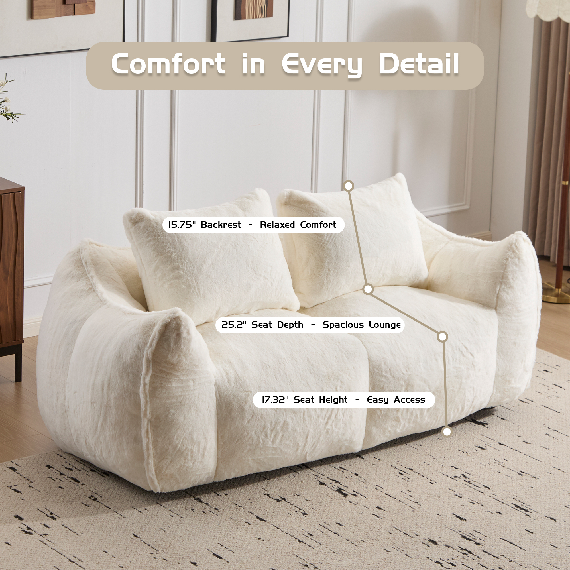 Aukfa Faux Fur Loveseat, 25" Deep Seat Giant Bean Bag Sofa for Living Room, White
