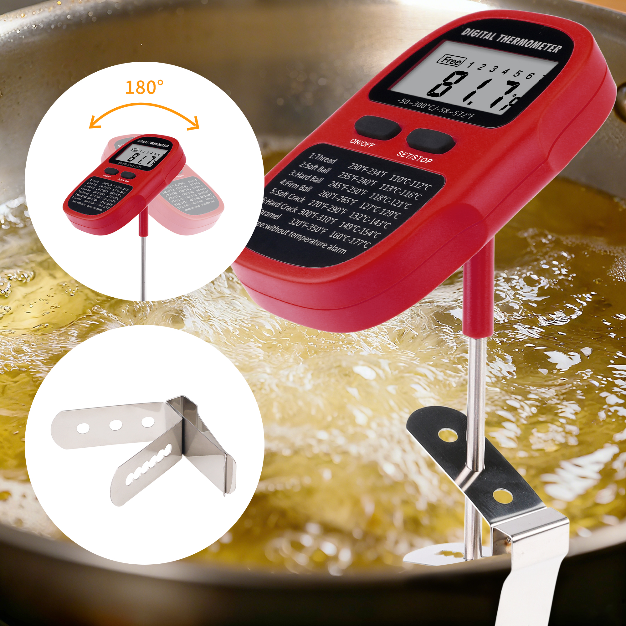 Digital Meat Thermometer, Instant Read Food Thermometer with Clip, Cooking Thermometer for Home and Kitchen, Outside, Smoker Red 9.5in