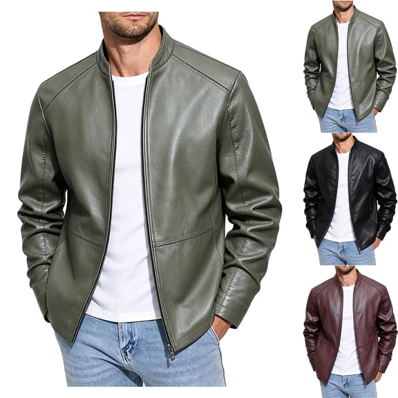 JTSRKL Mens Faux Leather Bomber Jackets Full Zip Side Pockets Lightweight Fall Winter Tops Vintage Retro Classic Casual Motorcycle Coats