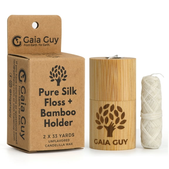 Gaia Guy Natural Unflavored Silk Dental Floss with Floss Refill & Reusable Bamboo Holder | 2 x 33yds Compostable Pure Silk Waxed with Candelilla Wax | Plastic-Free Packaging