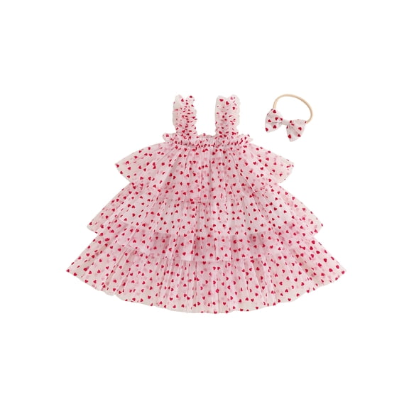 Suealasg Little Girls Summer Princess Dress 6M 1T 2T 3T 4T Kids Girls Sleeveless Heart Print A-line Tulle Cake Dress  Headband Valentine’s Day Party Dress for Toddler Girls