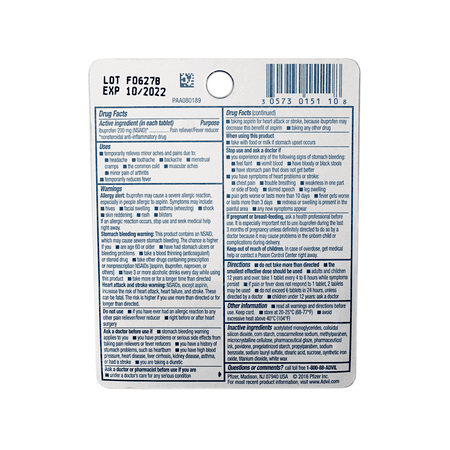 Advil Coated Tablets Pain Reliever and Fever Reducer, Ibuprofen 200mg, 10 Count Vial, Fast Pain Relief, Pocket Pack