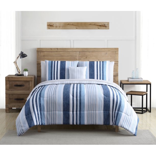 VCNY Home 8Piece Bed in a Bag Navy Striped, Queen with Sheets
