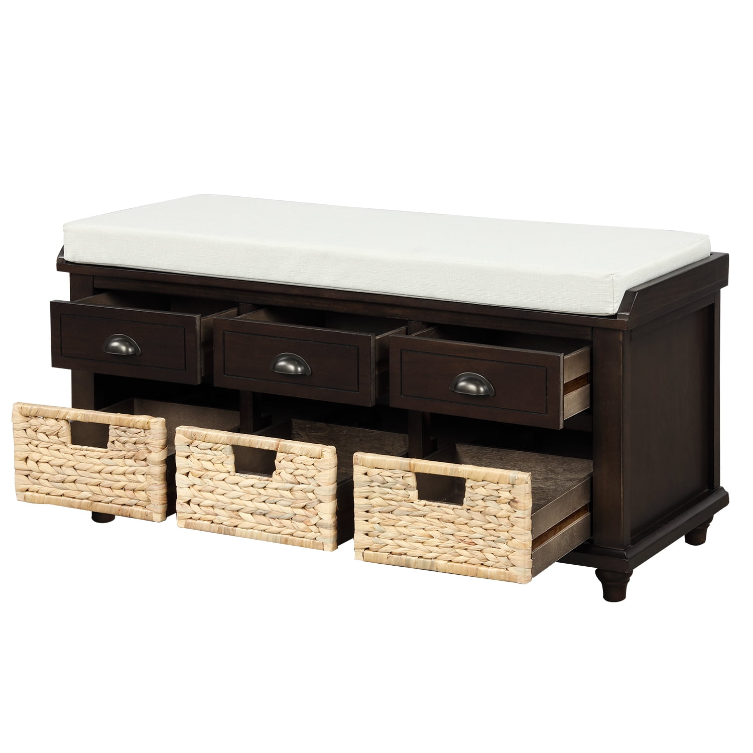 Aukfa Wood Storage Bench with 3 Drawers & 3 Rattan Baskets for Bedroom Living Room,Espresso