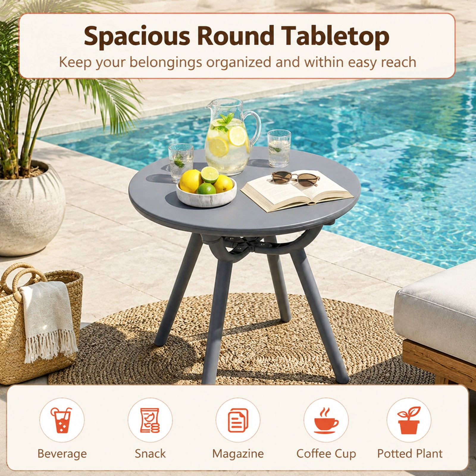 Biotree Round Patio Side Table, Outdoor Storage End Table with 20 Inch Tabletop, Weatherproof PP ABS and 110 lbs Capacity for Poolside Balcony, Gray