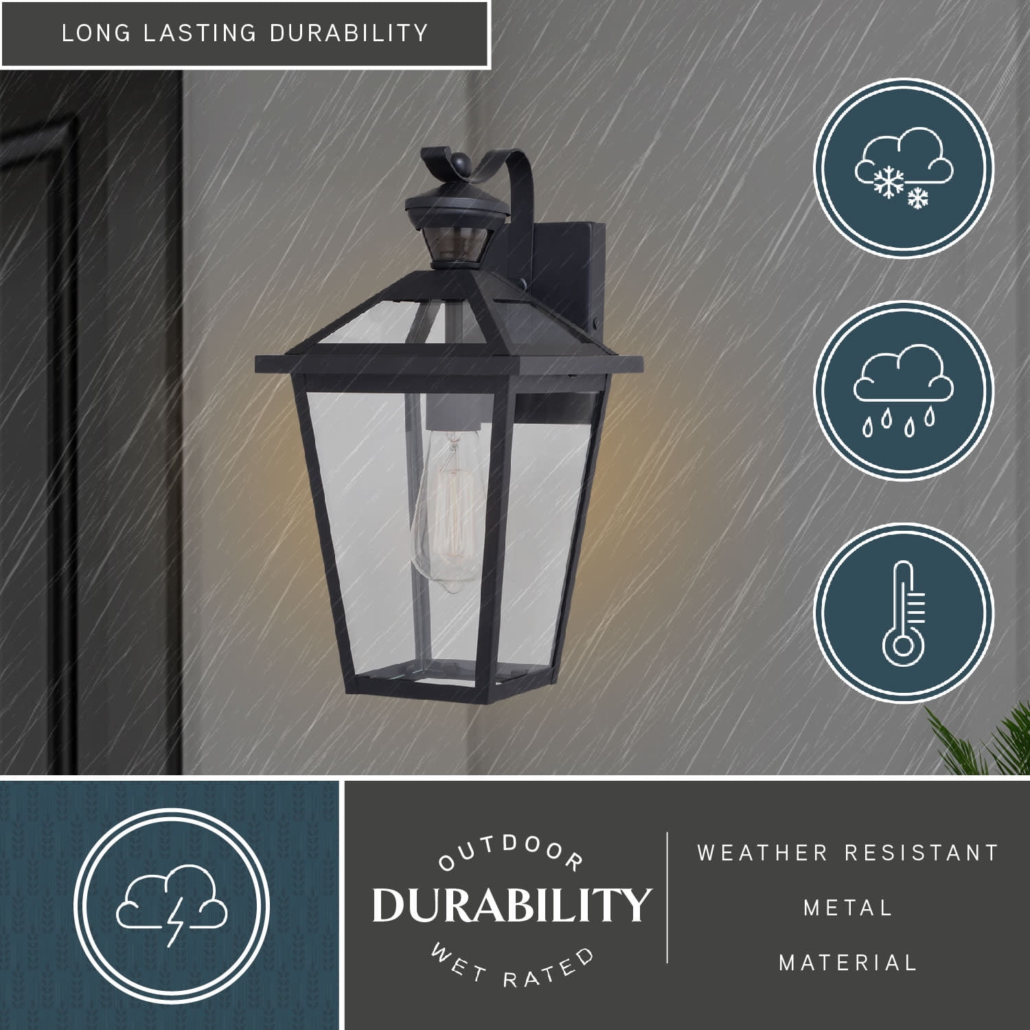 Derby 1 Light Matte Black Motion Sensor Dusk to Dawn Outdoor Wall Lantern Clear Glass Shade, LED Compatible