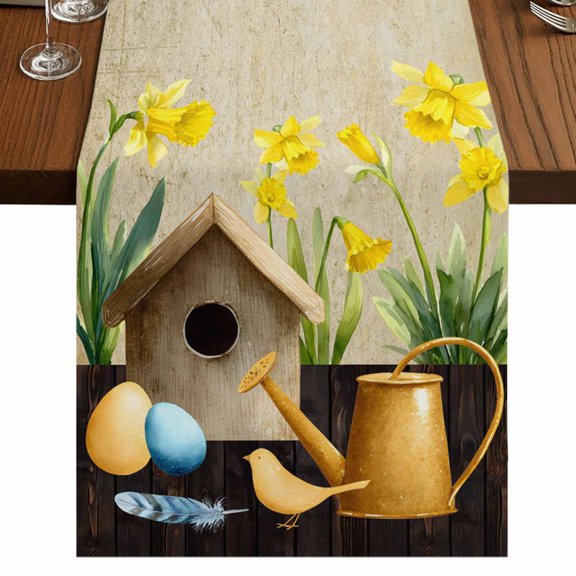 Table Runners 72 Inches Long Dress Scarves, Spring Farmhouse Kitchen/Dining Table Runner, Coffee Tablerunners, Brown Vintage Birds Cages Eggs Flowers Herbs 18x72 Inch