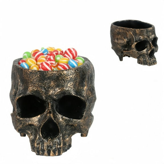 Every Moment Counts 2025 Large Skull Candy Bowl - 3D Textured Resin Head Candy Dish, Halloween Table Decor, Trick or Treat Bucket, Indoor/Outdoor Party Centerpiece