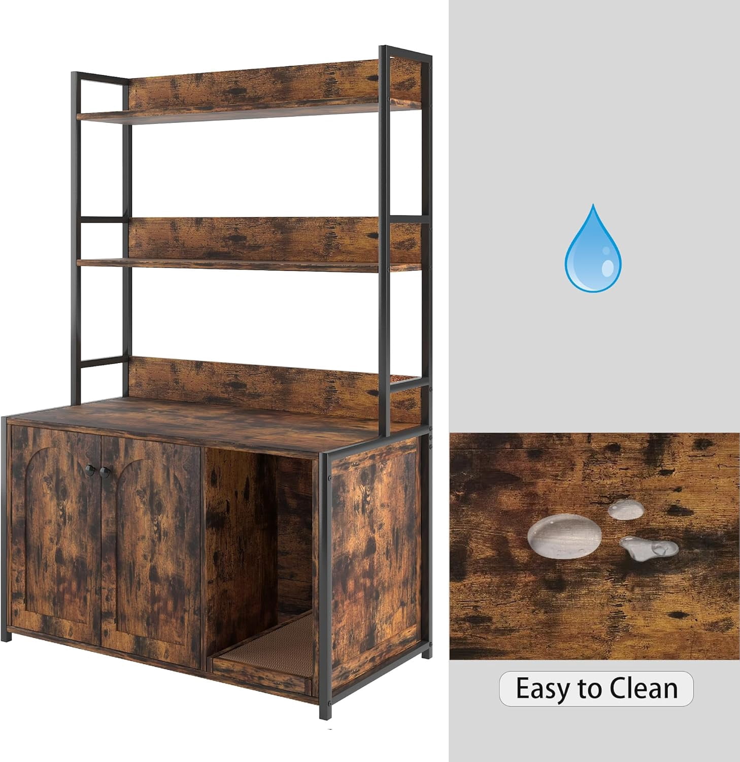 NEILA Litter Box Enclosure with 2 Storage Shelves White Hidden Cat Litter Box Furniture with Scratch Pad, Indoor Cat House Kitty Box Washroom Cat Bookshelf Cabinet, Brown
