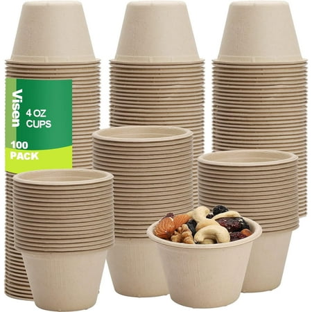 100 Pack Compostable Portion Cups,Disposable Paper Cups for Condiment,4 oz Food Sample Cups,100% Biodegradable Souffle Cups,Disposable Cups for Jello Shot & Samples Honey Nuts (Natural)