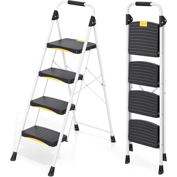4 Step Ladder, Folding Steel Step Stool with Safety Lock, Anti-Slip Wide Pedals, Pass 800lbs Load Testing, Handrail, Heavy Duty Portable Ladder for Multi-Purpose, Indoor, Office, Kitchen