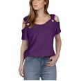 thumbnail image 2 of Njagoc3 Women’s Casual Solid Color Off-The-Shoulder Wide-Strap Short Sleeve T-Shirt V-Neck– Ethnic Hollow & Versatile Design, 2 of 6