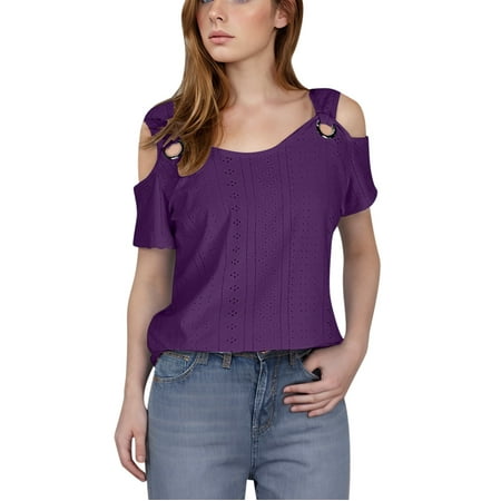 Moxiu Summer Shirts for Women 2025 Casual Cold Shoulder Short Sleeve Eyelet Tops Loose V Neck Tunic Blouses Plus Size Comfy Breathable Purple S