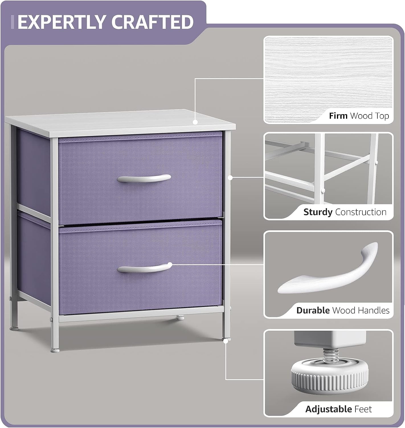 Sorbus Nightstand with 2 Drawers, Steel Frame, Wood Top, Fabric Bins, Purple