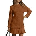 thumbnail image 2 of NANAIQ Womens Cable Knit Sweater Dress Crewneck Long Sleeve Patchwork Pleated Mini Dress Drop Waist Twofer Tunic Brown L, 2 of 7
