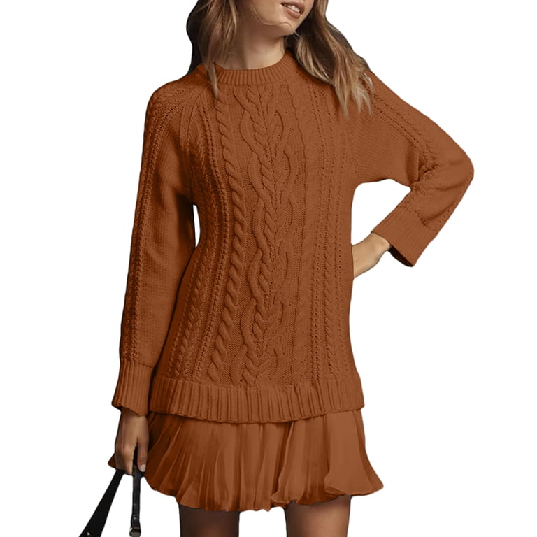 NANAIQ Sweater Dress for Women Fall Cute Pleated Cable Knit Mini Dress  Twofer Style Crewneck Long Sleeve Short Dresses Brown M - Walmart.com